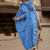 Fashion Back Letter Printed Loose Coats Women Fall Winter Elegant Hooded Overcoat Casual Pockets Office Lady Knit Tops