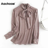 Vintage Printed Office Wear Blouse Shirt Women Bow Tie Collar Long Sleeve Chic Tops Ladies Casual Loose