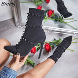 Fashion Luxury Women 11.5cm High Heels Fetish Rivets Silk Sock Boots Stiletto Ankle Boots Scarpins Studded Red Spring