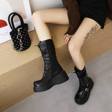 Womens Wedge Platform Mid-Calf Boots Chunky High Heel Side Zip Lace Up Motorcycle Riding Boots Combat Boots For Girls