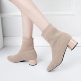 Autumn And Winter New Pointed Middle-Sleeve Boots Women's Thick Heels, Knitted Fashion Elastic Boots, Comfortable Casual