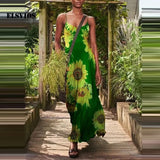 Women Sexy Sleeveless Off-shoulder Loose Sling Dress Casual Printed Green Series Elegant Slim Bohemia Beach Party