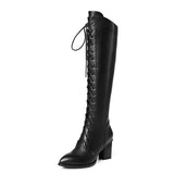 Spring Women Winter Knee High Boots Lacing Black Female Genuine Leather Boots Ladies Square High Heels Rubber Sole