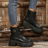 Breakj Front With Side Zippered Women's Boots Thick-Bottomed Belt Buckle Fashion Women's Boots Low-Clinular Round Head Black Martin