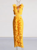 Temperament Famous Wind Dress 2025 New V Collar 100 Folding Wood Ear Design High Waist Open Fork Dress