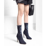 Spring Autumn Denim Jeans Women Boots Mid-calf Pointed Toe Fashion Thin High Heels Casual Boots Zapatos