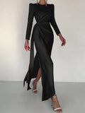 Satin Women Dress O Neck Long Sleeve Ruched High Split Ankle-Length Autumn Sexy Elegant Club Partywear Night