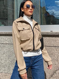 PU Women Pocket Jacket Drawstring Crop Coats Long Sleeve Green Zipper Harajuku Fashion Leather Punk Autumn Jacket