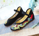 Breakj Dragon] Retro Embroidery Dragon Grain Shallow Mouth Plate Buckle Low Heel Canvas Embroidered Cloth Shoes Women's Single