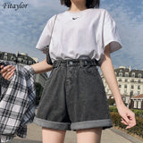 New Summer Women High Waist Button Wigh Leg Jeans Shorts Casual Female Loose Fit Blue Denim