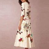Slim Elegant Pleated Half Sleeve Pullover Party Dress Women Casual V-neck Maxi Dresses Temperament Ladies Floral Printed