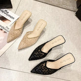 Semi-Slippers Women Wear 2024 New Summer Net Yarn Pointed High-Heeled Shoes Heel