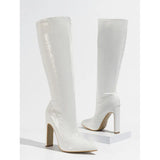 New Thick Heel Middle Tube Elastic Inside Zipper Diamond Irregular Fashion Stone Grain Pointed Women's