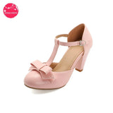 Women Mary Janes Sandals Buckle T-Strap Girls Spike High Heels Pumps Sweet Bowtie Lolita Casual Wedding Bridal Shoes Large