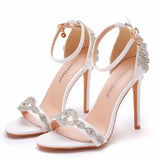 Breakj One-Word With A Hundred Bridal Slender Shoes 11 Cm High Heel White PU High Heel Sandals Ladies Wedding