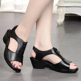 Breakj Women 2025 New Fish Mouth Leather Slope And Soft Soles Of The Elderly Sandals Fashion Zipper Middle-Aged Mother
