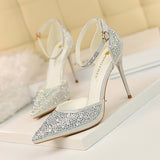 Breakj Korean Version Of Sweet High Heels With High Heel Shallow Pointed Hollow Out A Word With Shiny Rhinestone