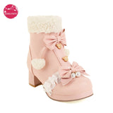 Women Winter Snow Warm Lambswool Fur Plush Lining PU Leather Ankle Boots Pearl Bowknot Anime Cosplay Girls Lolita Platform