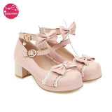 Lolita Girls Mary Janes Shoes Bowknot Princess Ruffles Japan Sweet Bride Wedding Party Dress Pumps Cosplay Pink Plus Size