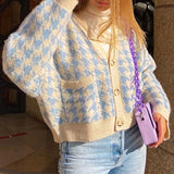 Embroidered Cardigan Crop Tops Women V Neck Vintage Knitted Sweater Casual Autumn Plaid Knitwear Sueter De