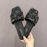 Breakj Rhinestone Flat Bottom Slippers Female Summer New One Foot Pedal Home Broken Diamond Slippers