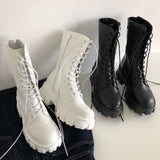 Calf Boots Women 2021 New Autumn Winter Fashion Lace-up Zipper Botas Mujer White Boots Sports Platform Heel Ladies