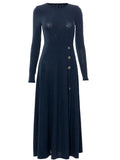 Knitwear Midi Dress For Women Sexy Button O Neck Elegant Long Sleeve Bodycon High Split Chic Fall Paty Maxi Robe
