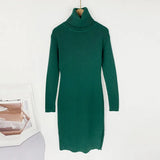 Solid Knitted Long Dress Women Autumn Winter Turtleneck Long Sleeve Sweater Dress Lady Split Loose Casual Dress