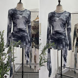 Real Shooting Babes Long Sleeves And Jersey Net Yarn Dye Printing Irregular Lotus Leaf Edge Ribbon Folding Top