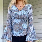 Khaki Vintage Print V Neck Flare Long Sleeve Y2K Tops Cute E Girl Fairy Grunge Aesthetic Graphic T Shirts for