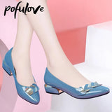 Women Dress Shoes Patent Leather Mid Heel Pumps Fashion Shoes Pointed Toe Slip on Office Ladies Shoes Zapatos