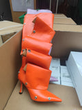 Breakj New High Heel Pointed Metal Rivet Jeans Splicing Two Wear Pile And Knee Boots Large Size Women's