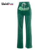 Puss Letter Embroidery Straight Pants Velvet Women Drawstring High Waist Trousers Casual Baggy Wild Streetwear