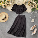 New Summer Women Casual V Neck Single Breasted Crop Tops High Waist A-line Solid Color Skirt Two Piece