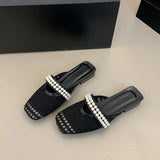 Breakj Version Of Baotou Pearl Half Slippers Women Wear 2025 Summer New One-Legged Lazy Shoes Square Casual Single