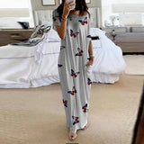 Summer New Fashion Striped Strapless Dress Loose Round Neck Short Sleeve Long Dress Casual Elegant Moon Star Printing