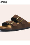 2023 New Summer Men Cork Slipper Casual Beach Double Buckle Non-slip Outside Nubuck Leather Slip on Slides