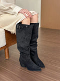 Spicy Sister! Khaki Pointed Thick Heel Pile Boots Female Fall