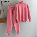2 Pieces Set Women Knitted Tracksuit Turtleneck Sweater + Carrot Jogging Pants Pullover Sweater Set CHIC Knitted
