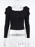 Knitted Ribbed Top Square Collar Ladies Sexy Puff Sleeve Ladies Skinny Button 2021 Autumn Basic Korean Casual