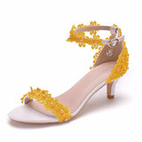 Queen Women White Pearl Lace Wedding Shoes Female Fetish Strappy Stiletto Lady Summer Sexy Pumps 5cm High Heels