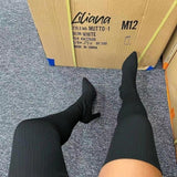 Breakj Autumn And Winter Sharp Head Thick And Knitted Knee Boots Woman 43 Large Elastic Long