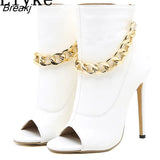 2023 New Roman Style Basic Sandals Boots Women White High Heels Pumps Sexy Metal Chain Design Open Toe Party Shoes Size