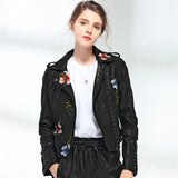 Women Floral Print Embroidery Faux Soft Leather Jacket Coat Turn-down Collar Casual Pu Motorcycle Black Punk