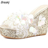 Summer Flower Decoration Platform Wedges Sandals Women Fashion Silver High Heels Female Summer Gold Shoes Size