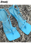 Women Sandals Fashion Pinch Narrow Band Women High Heel Sandal Ladies Square Open Toe Ankle Buckle Strap Stiletto
