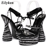 2022 New CRYSTAL Chunky Heels Sandals Fashion Peep Toe Ankle Cross Lace-up Platform Women Stripper