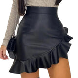 Vintage Ruffles Irregular Skirt Sexy PU Leather Party Skirts Solid Bodycon Pencil Mini Skirt Female Faux Leather Skirt