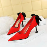 Breakj Korean Version Of Sweet High Heels Women's Shoes With High Heel Suede Shallow Pointed Head Of Color Bow Single