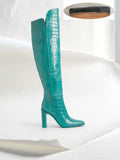 Leather Knee High Boots Women Sexy Chunky High Heels Long Boots Female Winter Party Shoes Cowboy Knight